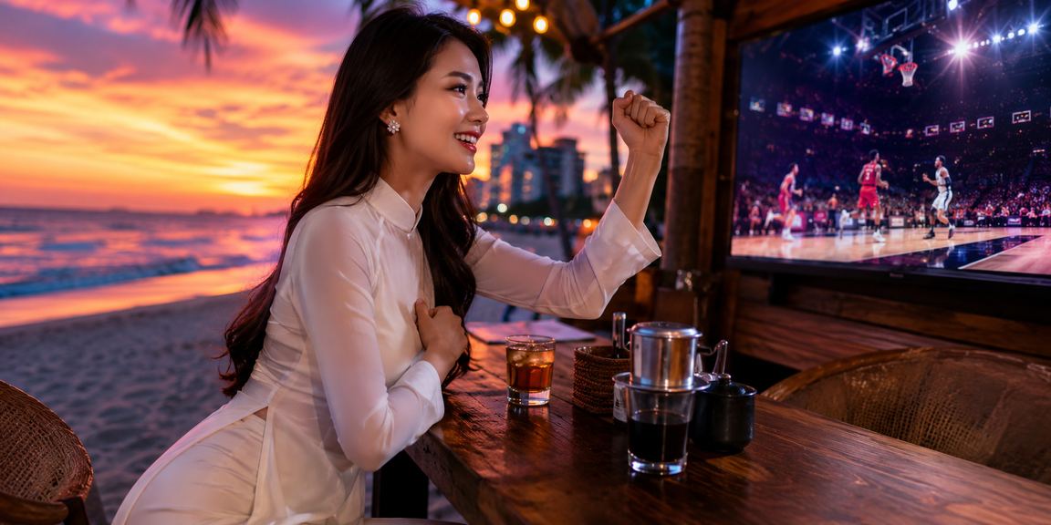 Người phụ nữ mặc áo dài tại Đà Nẵng theo dõi kết quả cá cược bóng rổ trên điện thoại